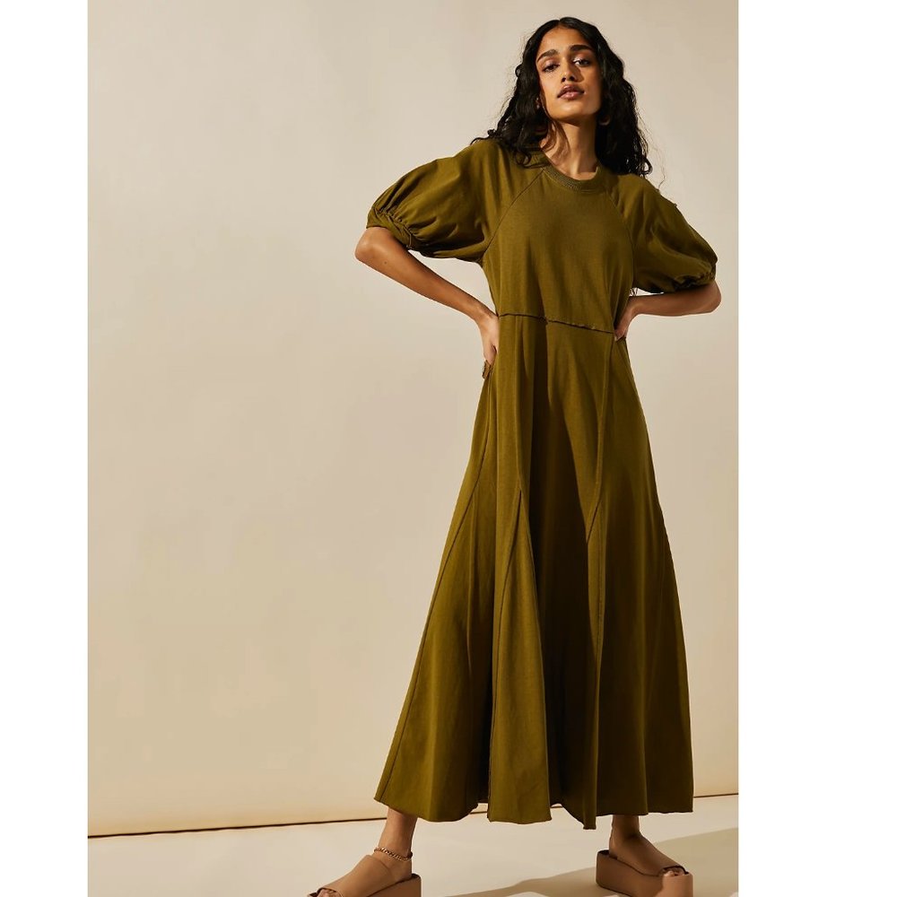 NWOT Free People Brentwood Maxi Dress Womens XL Green Puff Sleeve Tiered Cotton